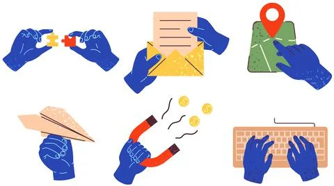 Set of blue hands holding different stuff. Human palms with tools and objects Stock Illustration