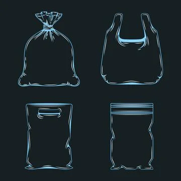 Set of blue illustrations with shadow from plastic bags, packaging. Stock Illustration