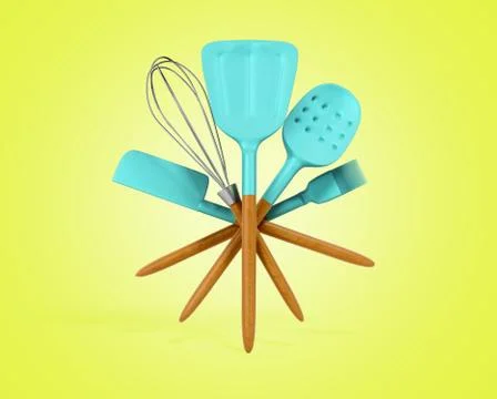 Set blue of kitchen tools 3d render on yellow Stock Illustration