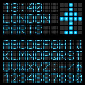 Set of blue letters on a mechanical timetable. Illustration of the designer Illustrazione stock