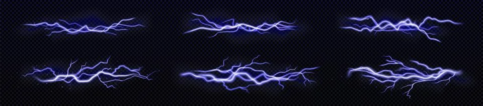 Set of blue lightning or thunderbolt effects png Stock Illustration