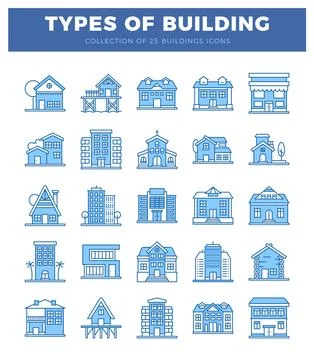 Set of blue line art building icons on white background Ilustración de archivo