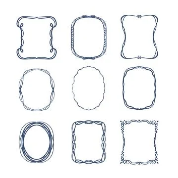 Set of blue line frames with curls and wavy stroke.  Stock Illustration