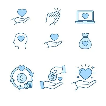 Set of blue line icons representing charity, donation, and care concepts wi.. Stock Illustration
