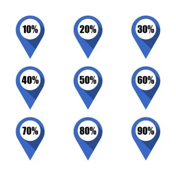 Set of blue map pins with different percentage. Isolated Stock-Illustration