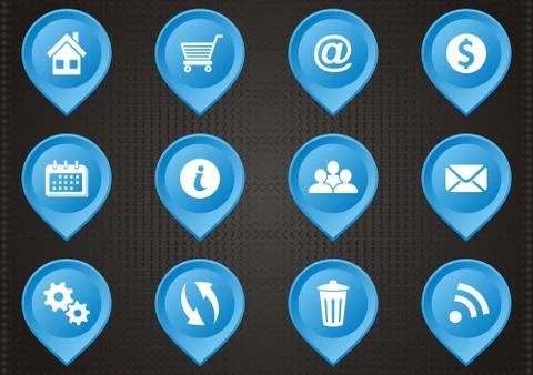 Set of blue map pointers with web icons Illustrazione stock