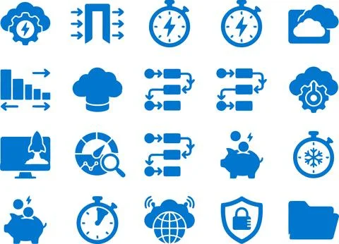 Set of Blue Monochrome Digital Technology and Business Workflow Vector Icons Stock Illustration
