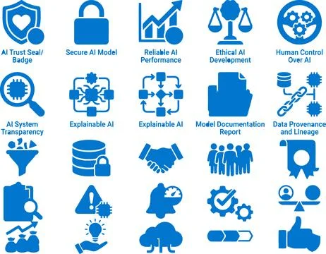 Set of Blue Monochrome Vector Icons Illustrating Artificial Intelligence Go.. 스톡 일러스트
