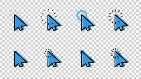 Set of blue mouse pointer icons on a transparent background pack. Illustrazione stock