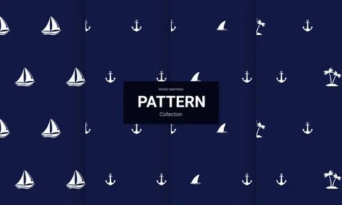 Set of  blue nautical seamless patterns on white background. Vector seamless  Stock-Illustration