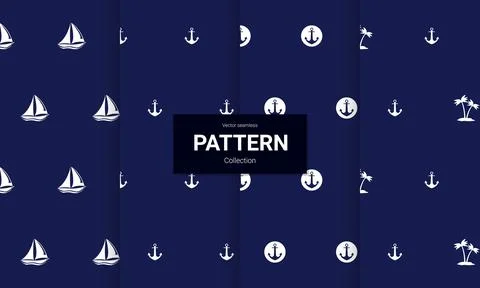 Set of  blue nautical seamless patterns on white background. Vector seamless  Illustrazione stock