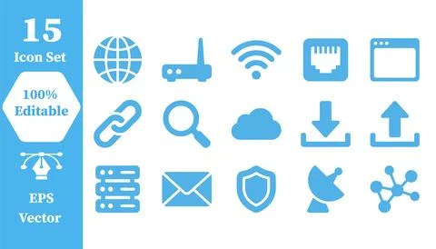 Set of blue network technology and data connectivity icons with technology Stock Illustration