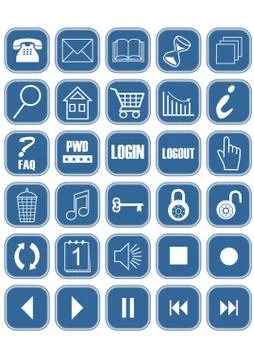 Set of blue office and web icons with white pictograms and silver frames Stock Illustration