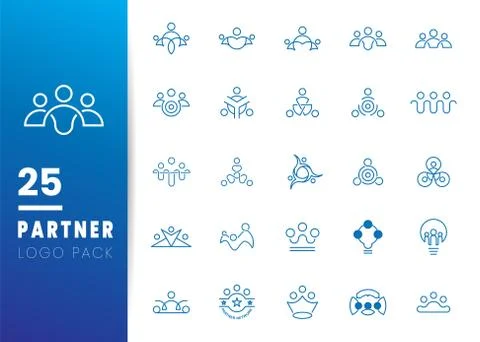 Set of Blue Partner Network Logo Design Template. Team of three people togeth Illustrazione stock