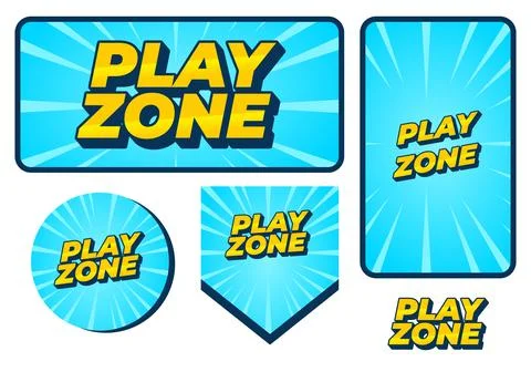 Set of blue play zone badges labels with bold yellow 3d text, radial sunbur.. Stock Illustration