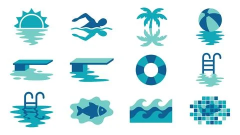 Set of blue pool and summer vacation icons with water reflection effect. 스톡 일러스트