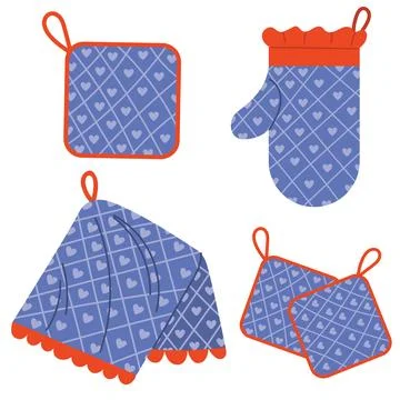 Set of blue potholder, baking glove, kitchen towel with checkered texture, .. Stock Illustration