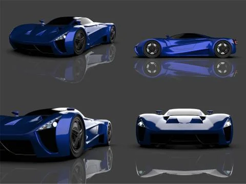 Set blue racing concept car. Image of a car on a gray glossy background. 3d r Stock-Illustration