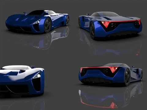Set blue racing concept car. Image of a car on a gray glossy background. 3d r Illustrazione stock