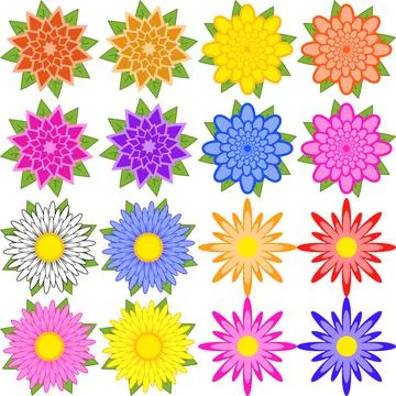 Set of blue, red, yellow, white, pink, orange, purple flowers. Stock Illustration