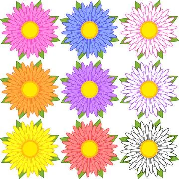 Set of blue, red, yellow, white, pink, orange, purple flowers. Stock Illustration