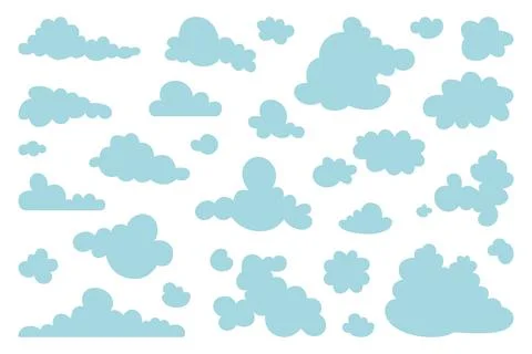 Set of blue sky, clouds. Cloud icon, cloud shape. Set of different clouds. Co Illustrazione stock