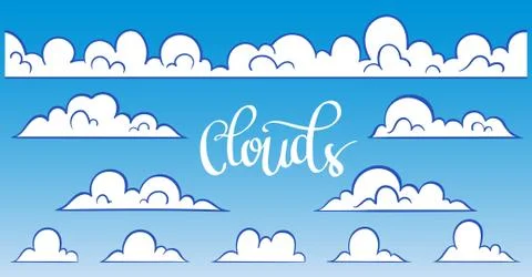 Set for blue sky, different clouds. Hand drawn graphic vector elements Illustrazione stock