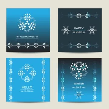 Set of blue square winter cards with ethnic design Stock Illustration