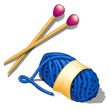 Set of blue tangle of wool yarn and knitting needles isolated on a white Stockillustratie
