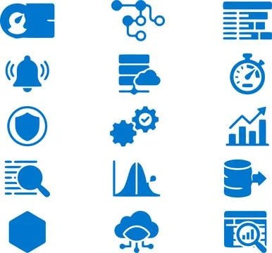 Set of Blue Technology and Data Analysis Icons for Digital Interface Design Illustrazione stock