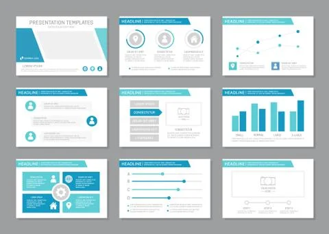 Set of blue template for multipurpose presentation slides with graphs and charts Stock Illustration