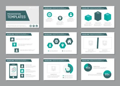 Set of blue template for multipurpose presentation slides with graphs and charts Stock Illustration
