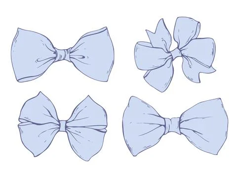 Set of blue textile tie bows coquette from satin and silk ribbons. Hand drawn Stock Illustration