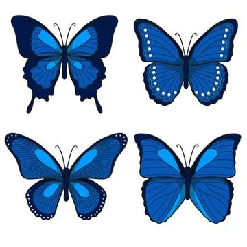Set of blue vector butterflies. Isolated objects on a white. Stock Illustration