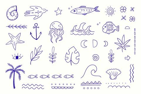 Set of Blue Vector Doodles: Hand-Drawn Nautical and Boho Symbols Illustrazione stock
