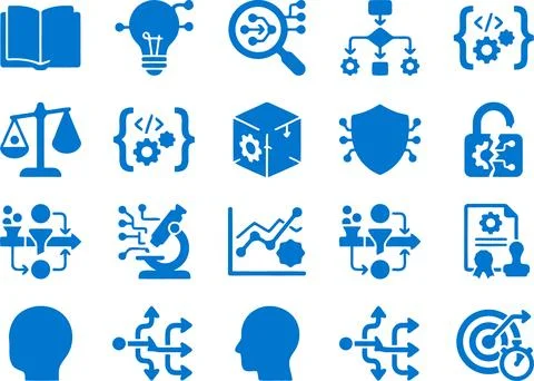 Set of Blue Vector Flat Icons Representing Technology Development and Data .. Stockillustratie