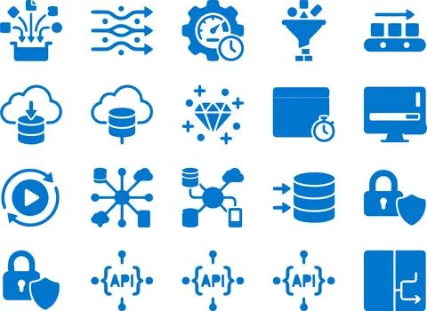 Set of Blue Vector Flat Icons Representing Data Processing and Software Tec.. Illustrazione stock