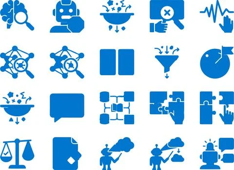 Set of Blue Vector Icons Illustrating Data Analysis and Artificial Intellig.. Stock Illustration