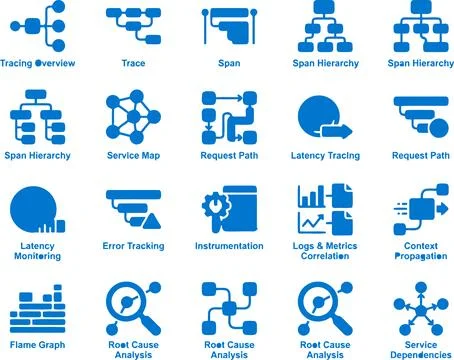 Set of Blue Vector Icons Illustrating System Monitoring, Data Flow, and Net.. Stockillustratie