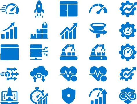 Set of Blue Vector Icons Representing Technology Development and Data Optim.. Illustration