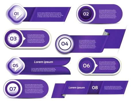 Set of blue-violet vector progress, version, step icons. Stock Illustration