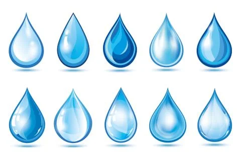 Set of blue water drops over white Stock Illustration
