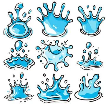 Set blue water splash illustrations featuring various shapes splatter patterns Stock Illustration