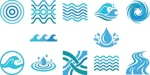 Set of blue water wave and ripple icons for logo design. Stock Illustration