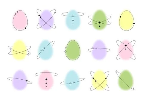Set of blurred colorful Easter eggs with linear shape and stars, trendy y2k.. Stock-Illustration
