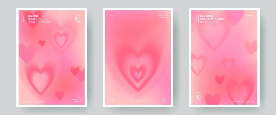 Set of blurred gradient hearts backgrounds, posters. Stock Illustration
