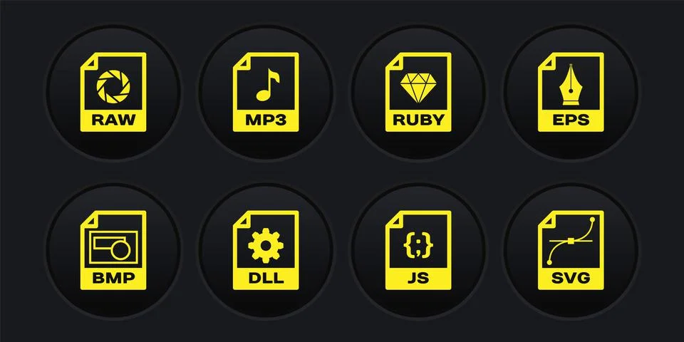 Set BMP file document, EPS, DLL, JS, RUBY and MP3 icon. Vector Illustrazione stock