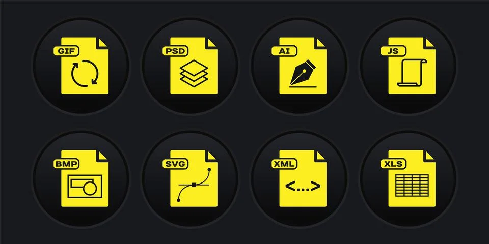 Set BMP file document, JS, SVG, XML, AI, PSD, XLS and GIF icon. Vector Stock Illustration