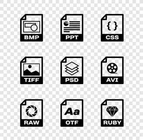Set BMP file document, PPT, CSS, RAW, OTF and RUBY icon. Vector イラスト素材