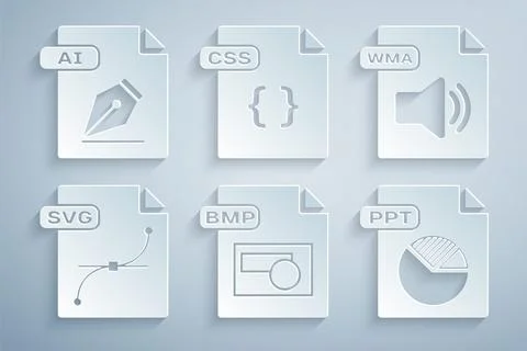 Set BMP file document, WMA, SVG, PPT, CSS and AI icon. Vector Stock Illustration